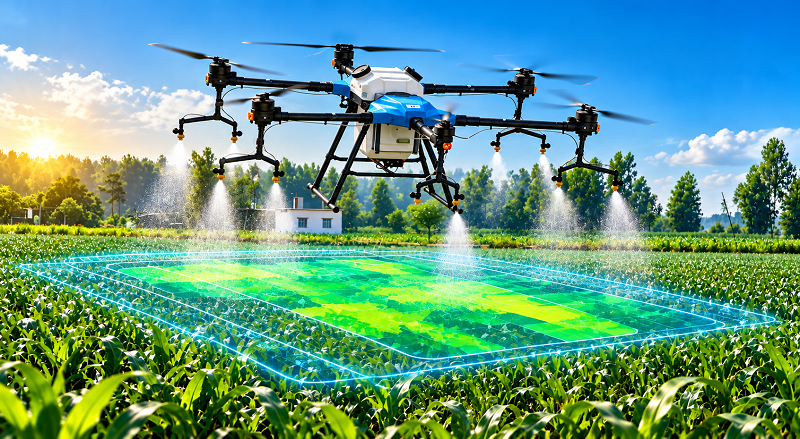 Drone flying over rural farmland